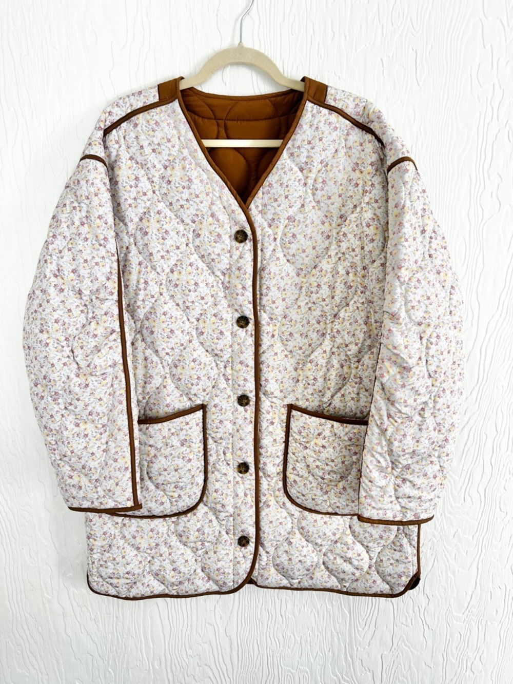 LUCKY BRAND NWOT Quilted Reversible Floral Jacket Large Brown White Cottagecore - Picture 5 of 8